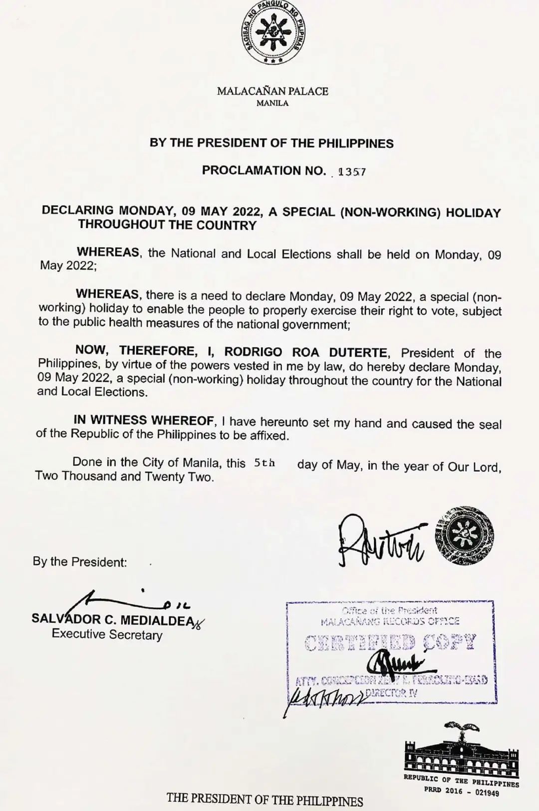 [Philippines] Announces May 9 as National Statutory Holiday-Voting Day ...